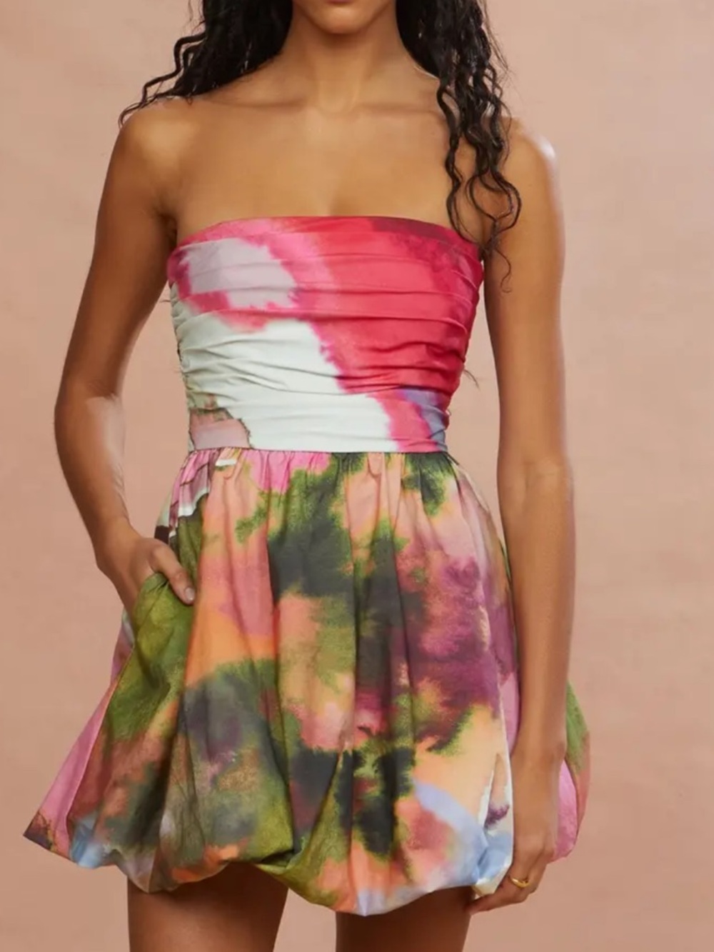 AMUR Strapless Tie-Dye Mini Dress in Pink, Green, Orange and Purple